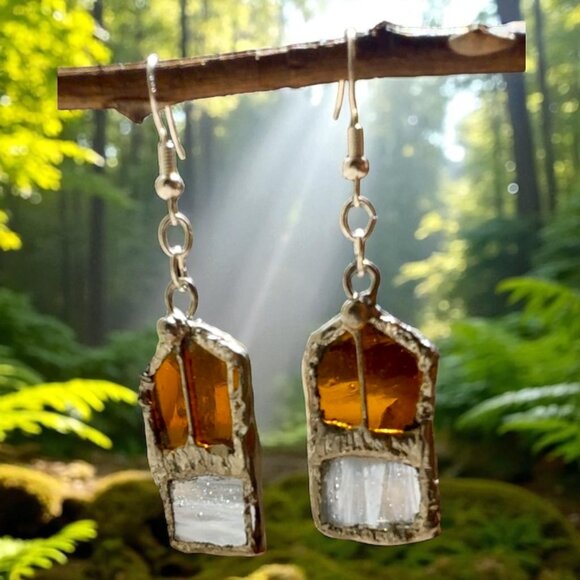 Amber & Clear Stained Glass Dangle Artisan Earrings W/ Silver Solder & 925 Hooks - Picture 9 of 15